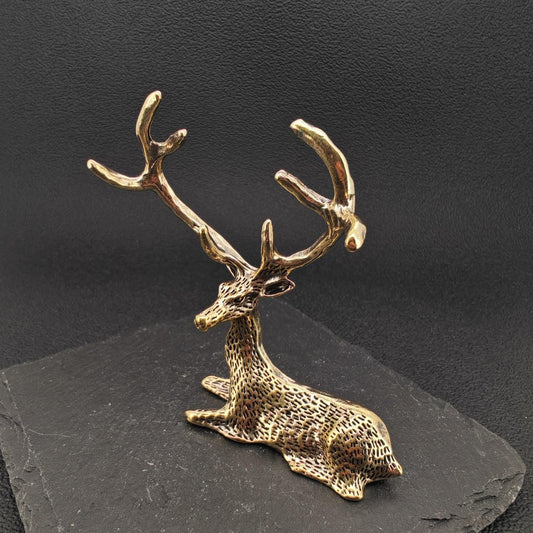 Brass Resting Stag Figurine — Antlered Deer Sculpture for Desk and Shelf Display