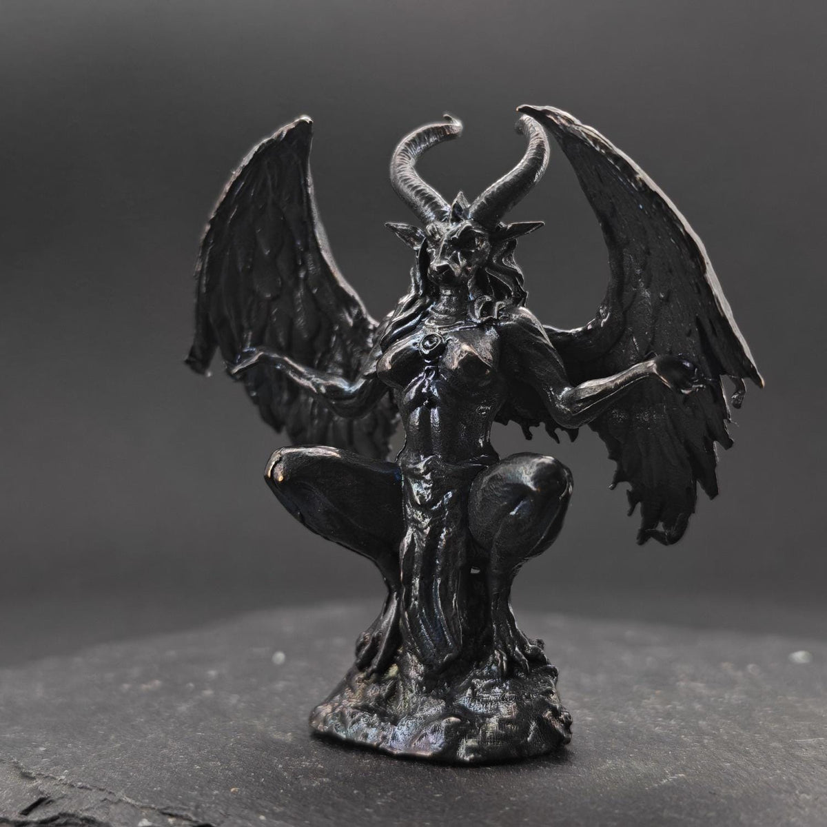 Brass Winged Demon Figurine — Ram Horn Gothic Occult Sculpture for Desk and Shelf