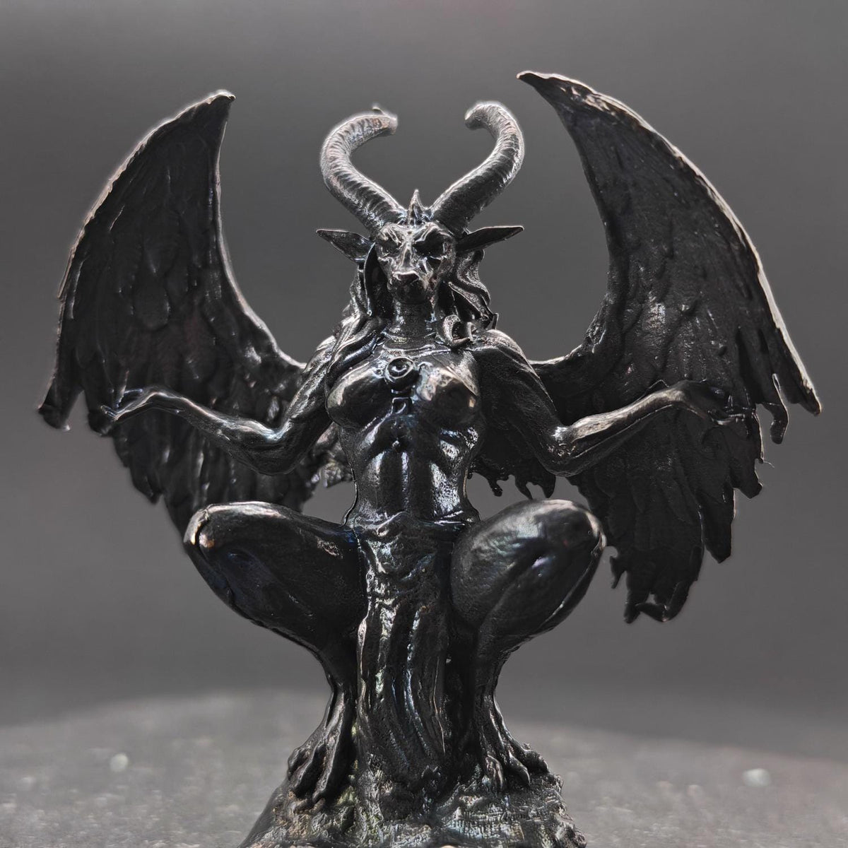 Brass Winged Demon Figurine — Ram Horn Gothic Occult Sculpture for Desk and Shelf