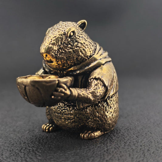 Brass Marmot Figurine with Yuanbao — Lucky Wealth Sculpture for Desk and Shelf