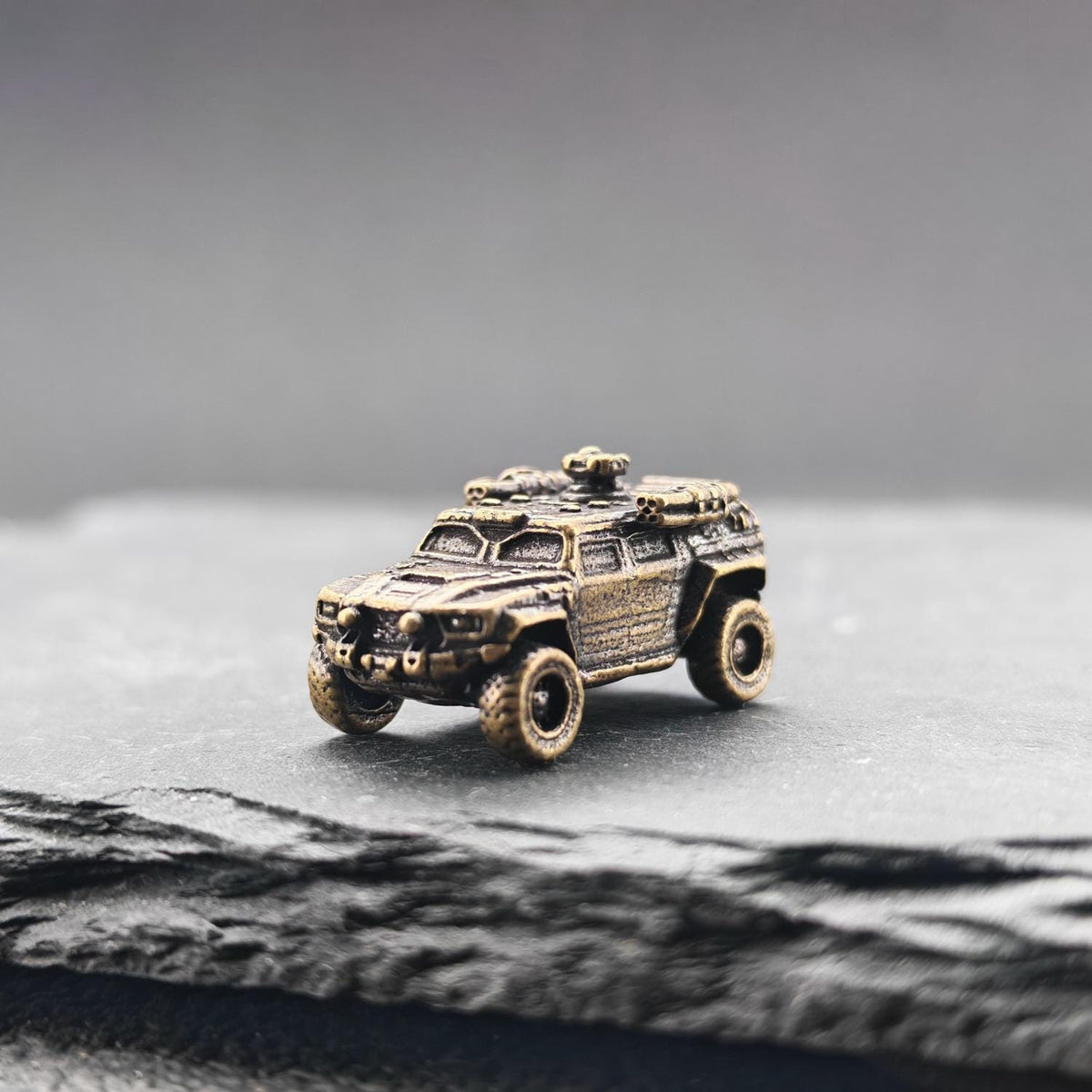 Brass Armored Vehicle Miniature — Military Wheeled MRAP Micro Model for Diorama and Desk Display