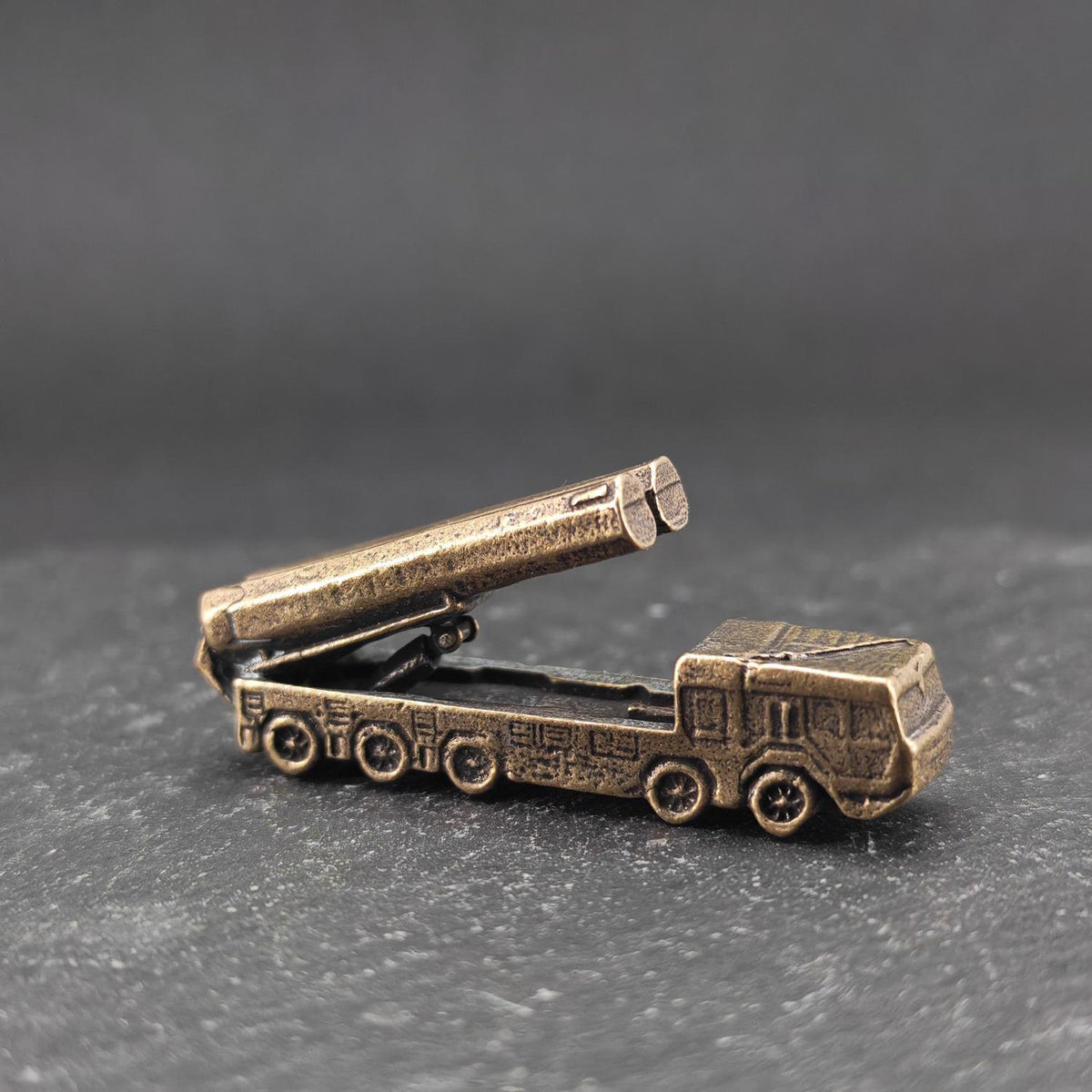 Brass Cruise Missile Launcher Miniature — Heavy Wheeled Military Vehicle Micro Model for Diorama
