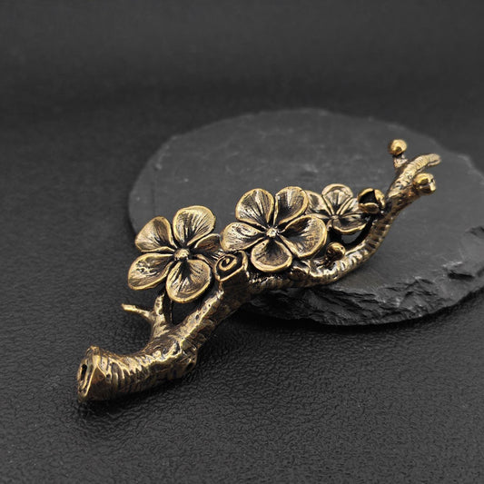 Brass Plum Blossom Pen Holder — Antique Botanical Desk Sculpture and Paperweight