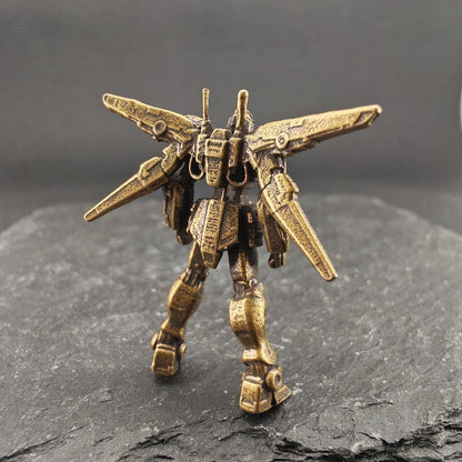 Brass Winged Mobile Suit Micro Figurine — Sci-Fi Mecha Diorama and Terrarium Sculpture