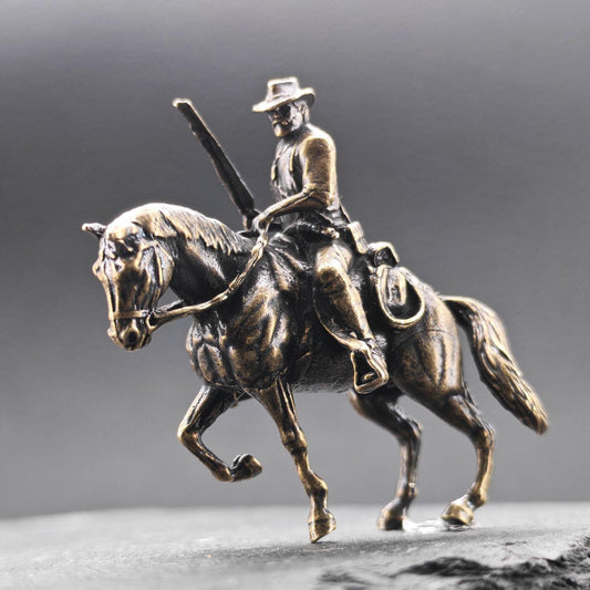 Brass Cowboy on Horseback Figurine — Antique Finish Western Sculpture & Collector Desk Piece