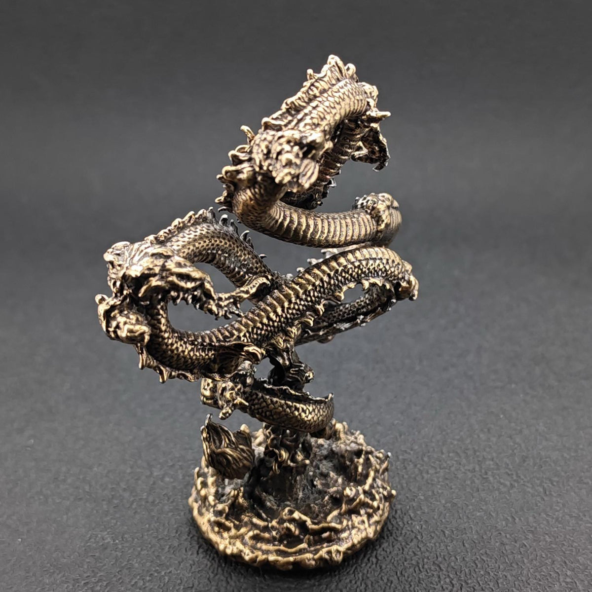 Solid Brass Chinese Dragon Figurine — Coiled Feng Shui Sculpture for Desk, Shelf, and Collector Display