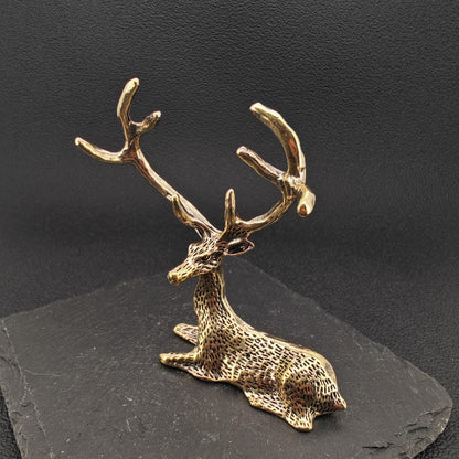 Brass Resting Stag Figurine — Antlered Deer Sculpture for Desk and Shelf Display