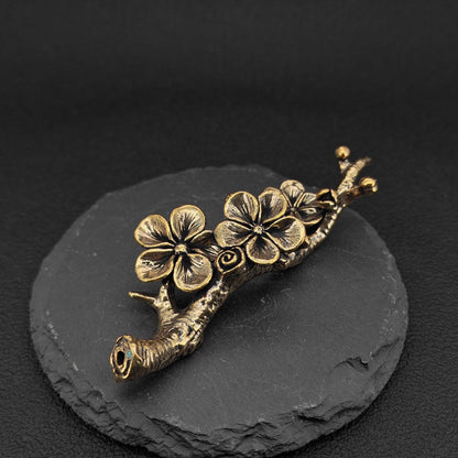 Brass Plum Blossom Pen Holder — Antique Botanical Desk Sculpture and Paperweight