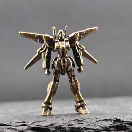 Brass Winged Mobile Suit Micro Figurine — Sci-Fi Mecha Diorama and Terrarium Sculpture