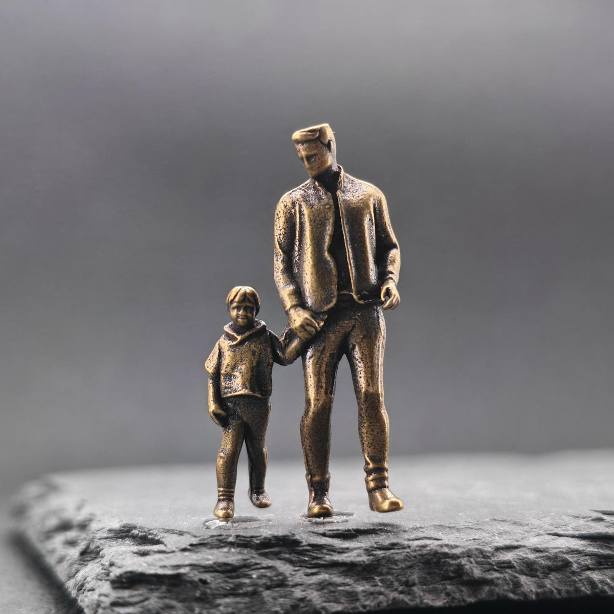 Walking Hand in Hand Brass Figurine – Father and Child Miniature Sculpture