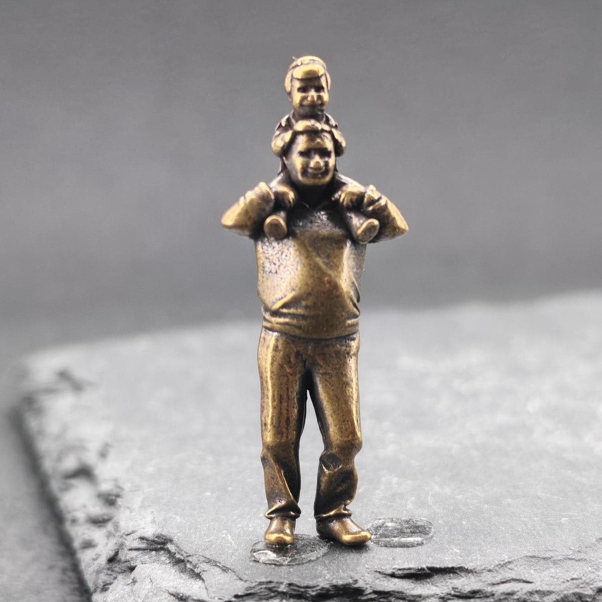 Shoulder Ride Brass Figurine – Father and Child Miniature Warmth Sculpture