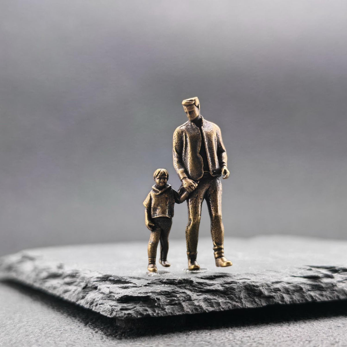 Walking Hand in Hand Brass Figurine – Father and Child Miniature Sculpture