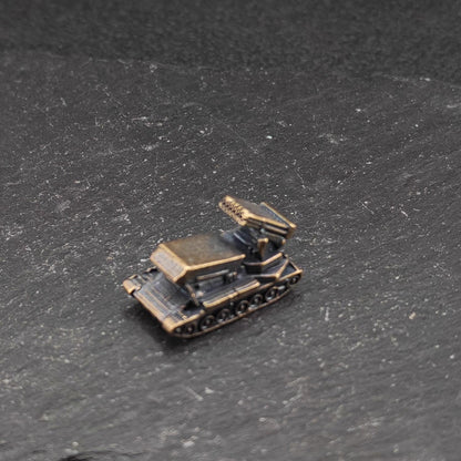 Brass MLRS Rocket Launcher Miniature — Military Tracked Vehicle Micro Model for Diorama and Desk
