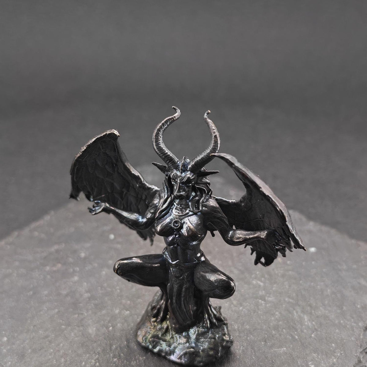 Brass Winged Demon Figurine — Ram Horn Gothic Occult Sculpture for Desk and Shelf