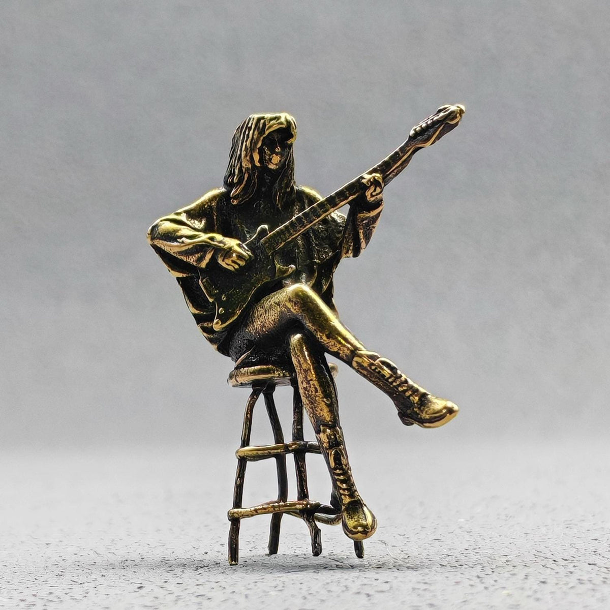 Seated Guitarist Brass Figurine – Handcrafted Female Musician Miniature