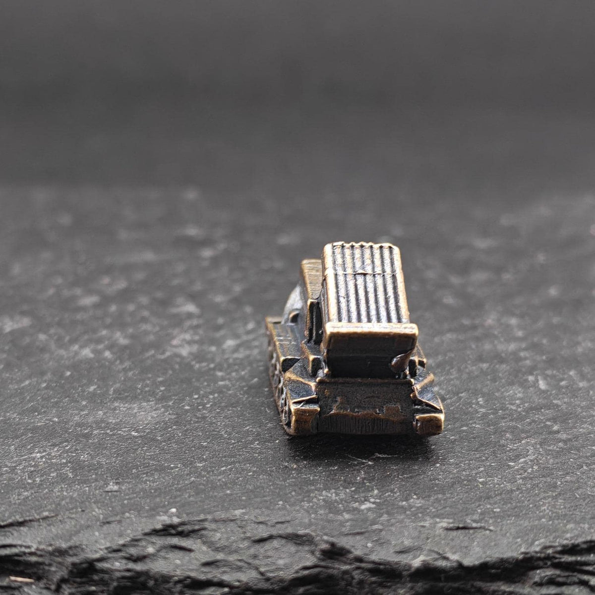 Brass MLRS Rocket Launcher Miniature — Military Tracked Vehicle Micro Model for Diorama and Desk