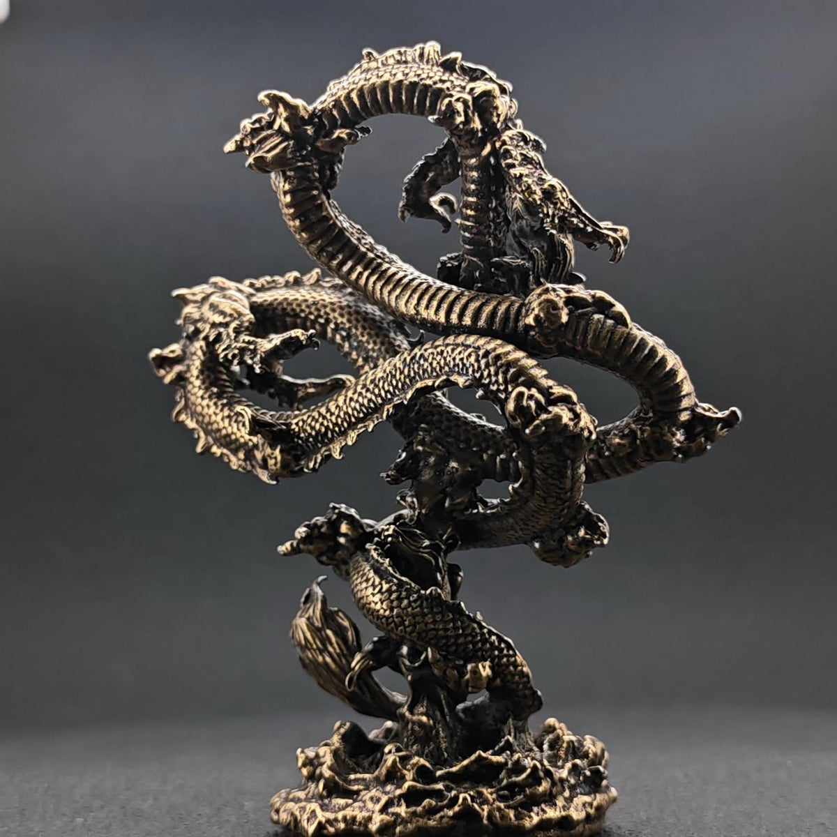 Solid Brass Chinese Dragon Figurine — Coiled Feng Shui Sculpture for Desk, Shelf, and Collector Display