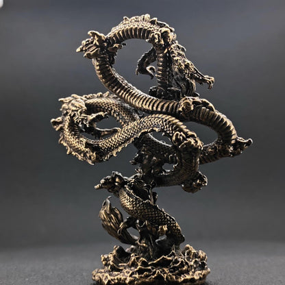 Solid Brass Chinese Dragon Figurine — Coiled Feng Shui Sculpture for Desk, Shelf, and Collector Display