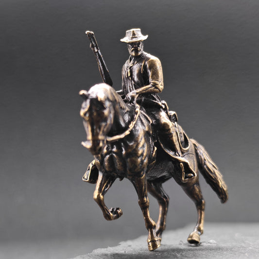 Brass Cowboy on Horseback Figurine — Antique Finish Western Sculpture & Collector Desk Piece