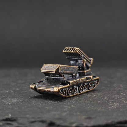 Brass MLRS Rocket Launcher Miniature — Military Tracked Vehicle Micro Model for Diorama and Desk