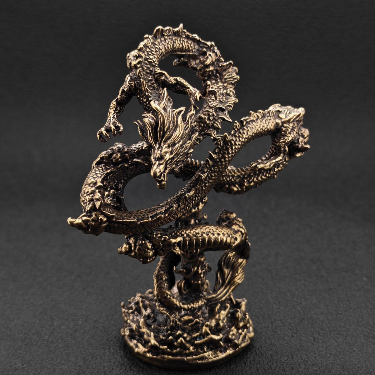 Solid Brass Chinese Dragon Figurine — Coiled Feng Shui Sculpture for Desk, Shelf, and Collector Display