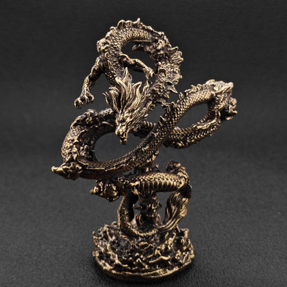 Solid Brass Chinese Dragon Figurine — Coiled Feng Shui Sculpture for Desk, Shelf, and Collector Display