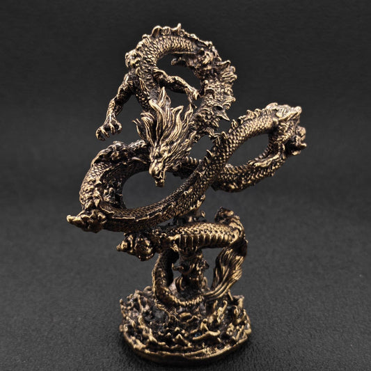 Solid Brass Chinese Dragon Figurine — Coiled Feng Shui Sculpture for Desk, Shelf, and Collector Display