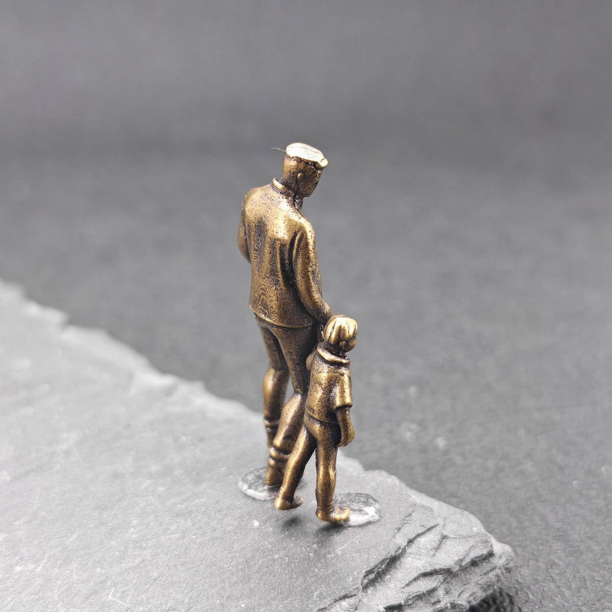 Walking Hand in Hand Brass Figurine – Father and Child Miniature Sculpture