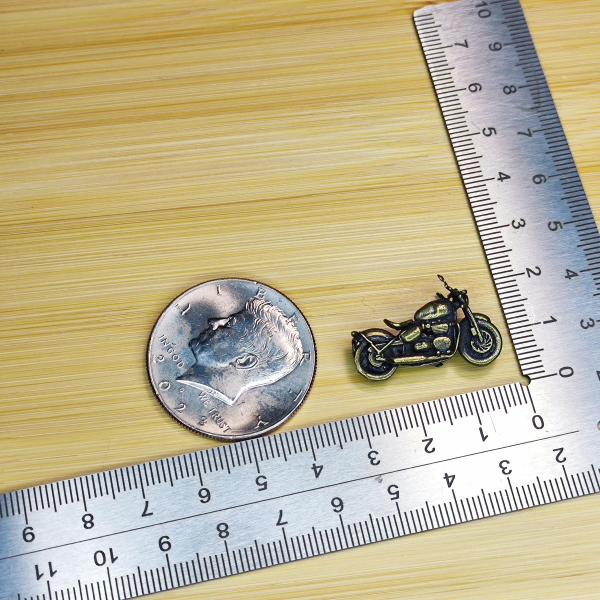 Brass Miniature Motorcycle — Tiny Bike Figurine for Desk, Shelf, or Terrarium