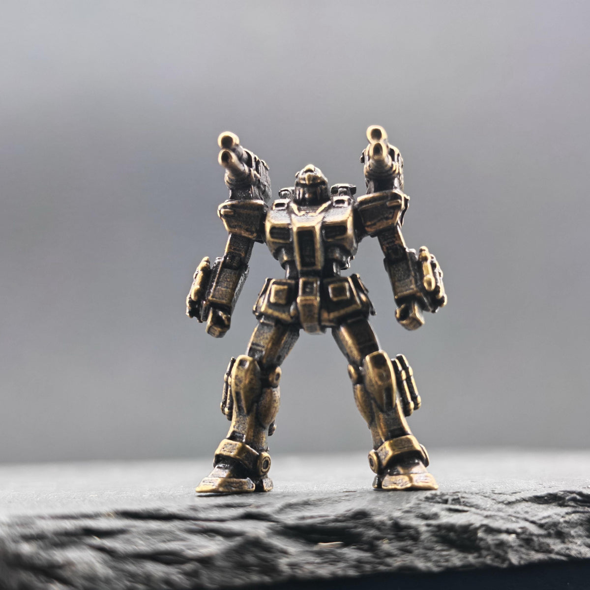 Brass Mecha Miniature — Stocky Federation Exosuit Micro Figure for Diorama, Terrarium and Aquascape