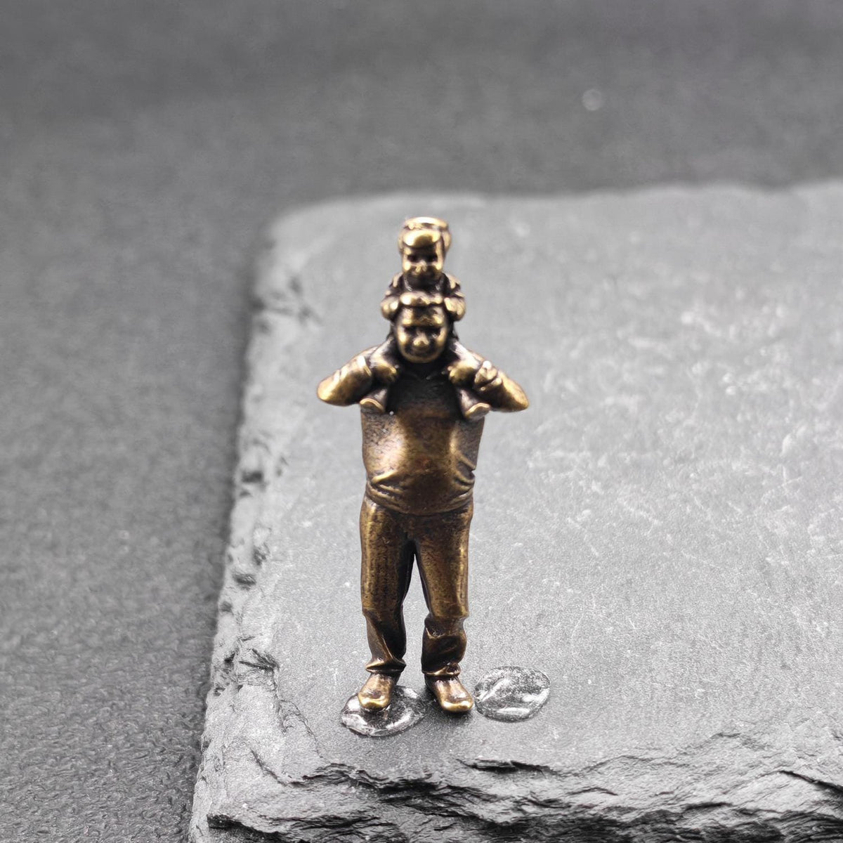 Shoulder Ride Brass Figurine – Father and Child Miniature Warmth Sculpture