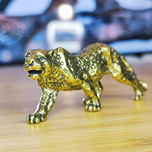 Brass Walking Leopard Figurine — Handcrafted Big Cat Sculpture for Desk and Shelf