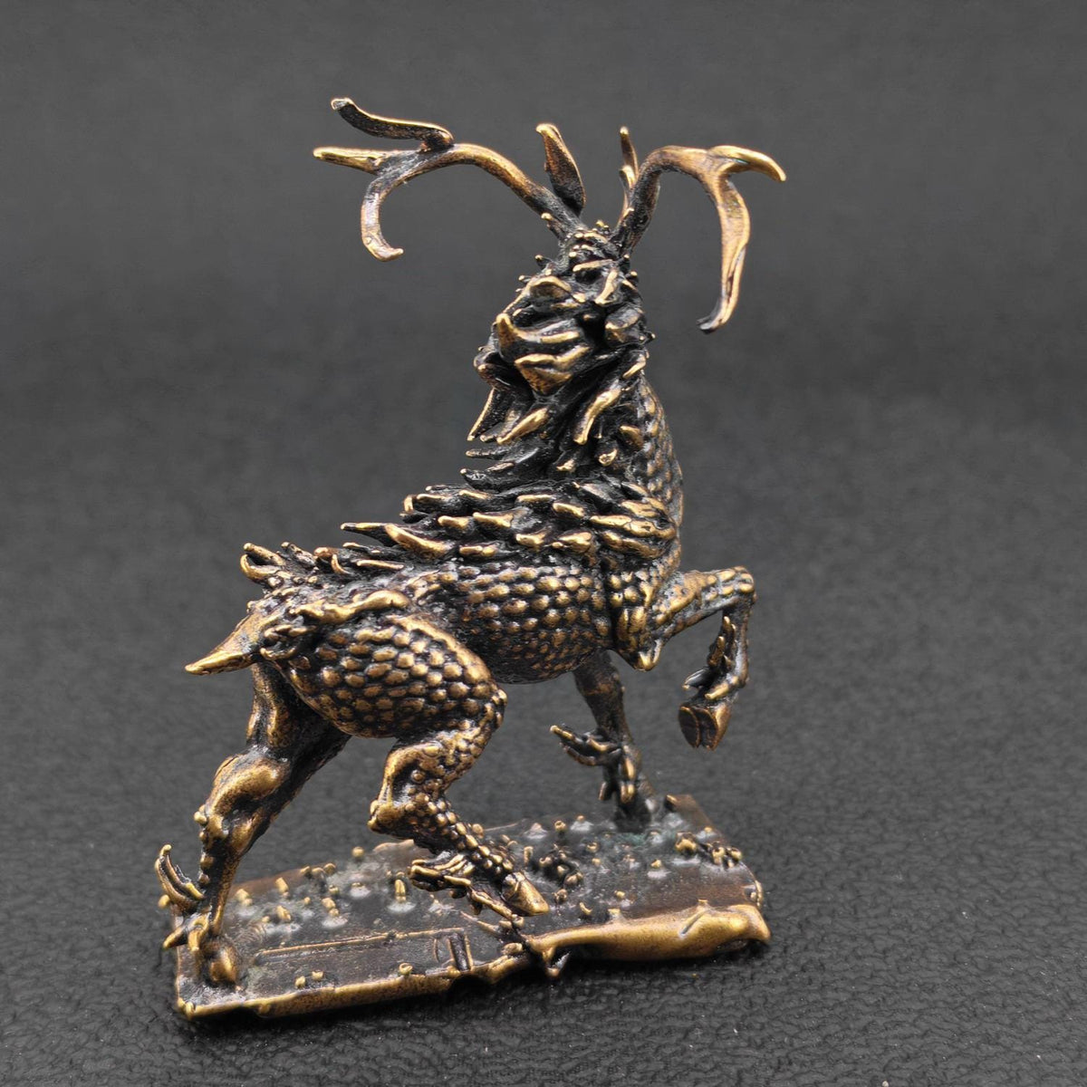 Brass Qilin Figurine — Antique Oxidised Mythical Beast Sculpture for Feng Shui, Desk, and Collector Display