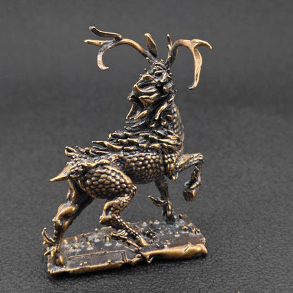 Brass Qilin Figurine — Antique Oxidised Mythical Beast Sculpture for Feng Shui, Desk, and Collector Display