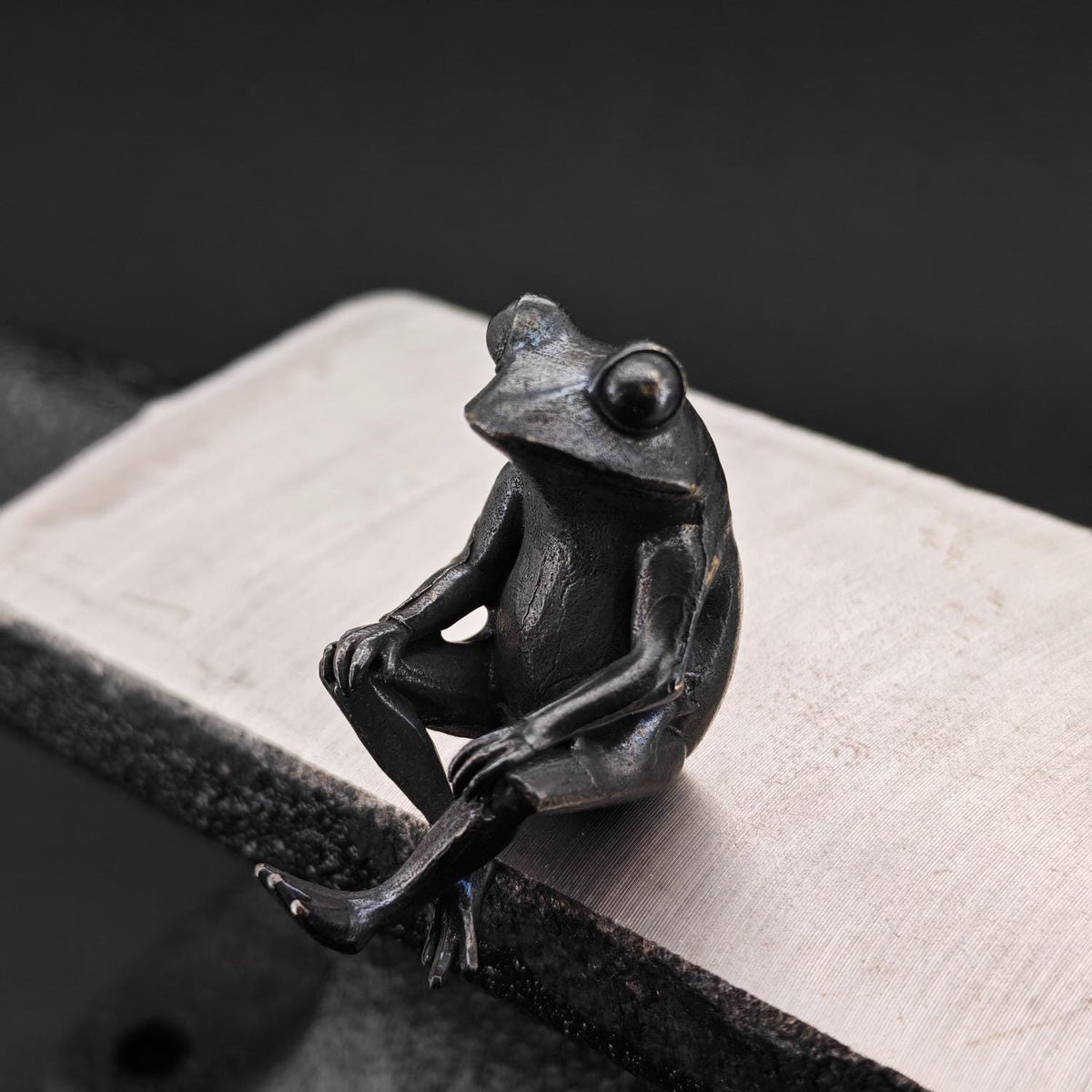 Brass Meditating Frog Figurine — Oxidised Black Mini Statue for Desk, Shelf and Zen Decor