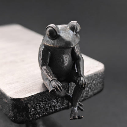 Brass Meditating Frog Figurine — Oxidised Black Mini Statue for Desk, Shelf and Zen Decor