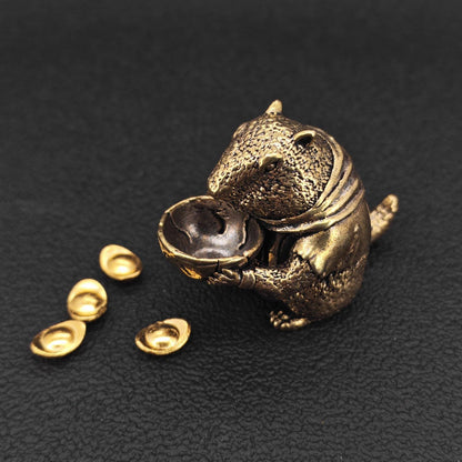 Brass Marmot Figurine with Yuanbao — Lucky Wealth Sculpture for Desk and Shelf