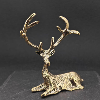 Brass Resting Stag Figurine — Antlered Deer Sculpture for Desk and Shelf Display