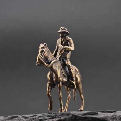 Brass Cowboy on Horseback Figurine — Polished Western Desk Sculpture & Miniature Collector Piece