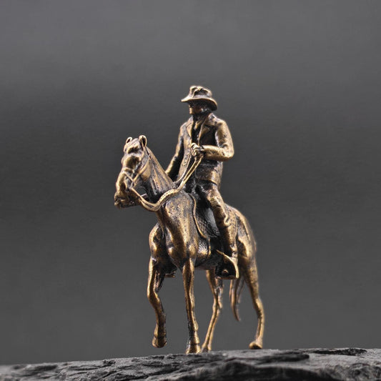 Brass Cowboy on Horseback Figurine — Polished Western Desk Sculpture & Miniature Collector Piece
