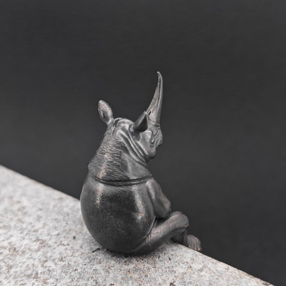 Brass Seated Rhino Figurine — Anthropomorphic Double-Horn Sculpture for Desk and Shelf