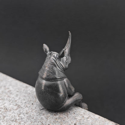 Brass Seated Rhino Figurine — Anthropomorphic Double-Horn Sculpture for Desk and Shelf