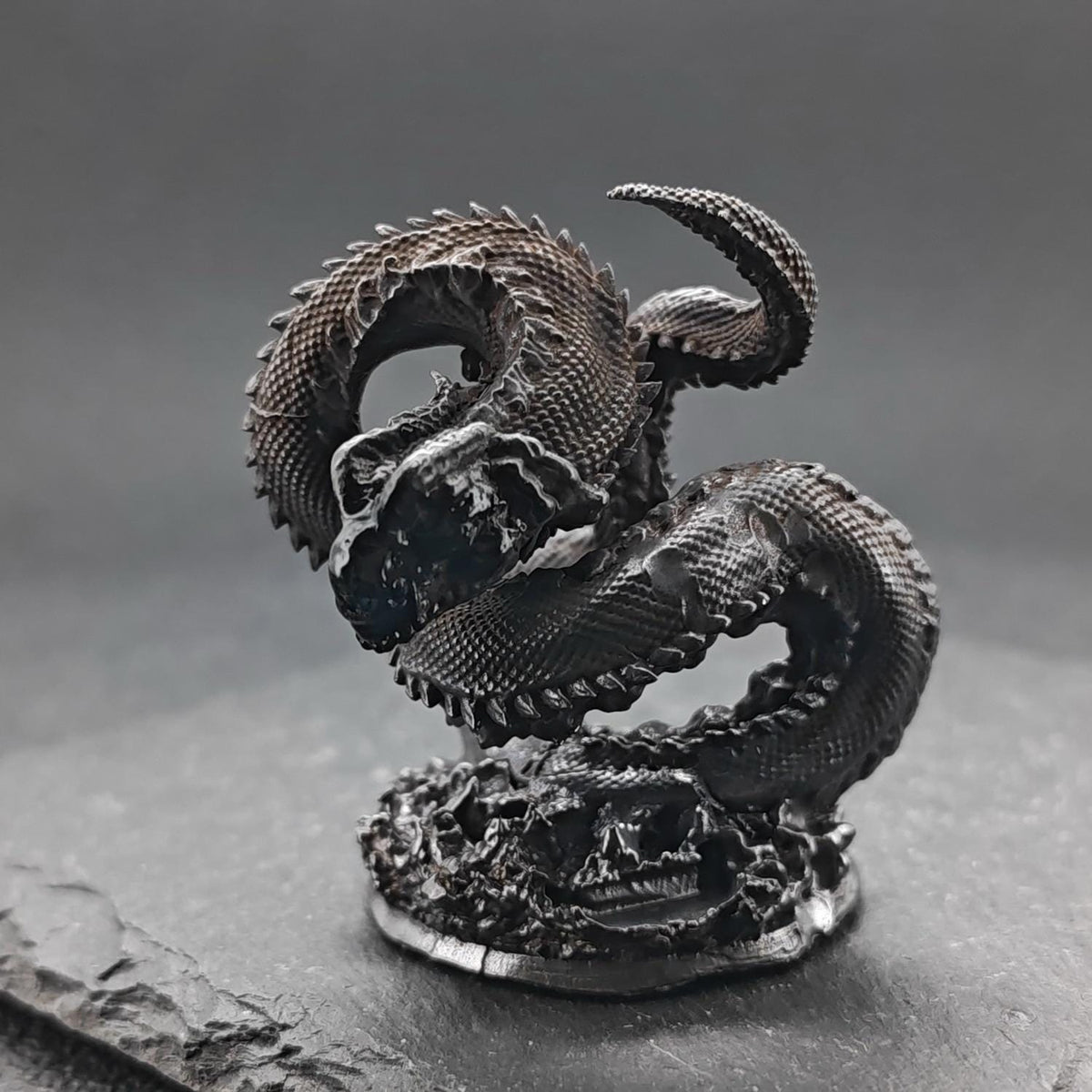Brass Coiled Dragon Figurine — Oxidised Black Zodiac Sculpture for Desk, Feng Shui, and Collector Display