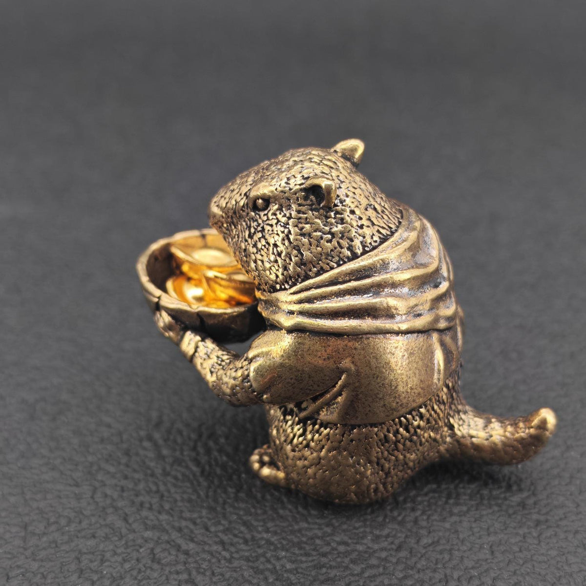 Brass Marmot Figurine with Yuanbao — Lucky Wealth Sculpture for Desk and Shelf