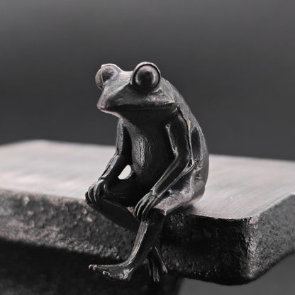 Brass Meditating Frog Figurine — Oxidised Black Mini Statue for Desk, Shelf and Zen Decor