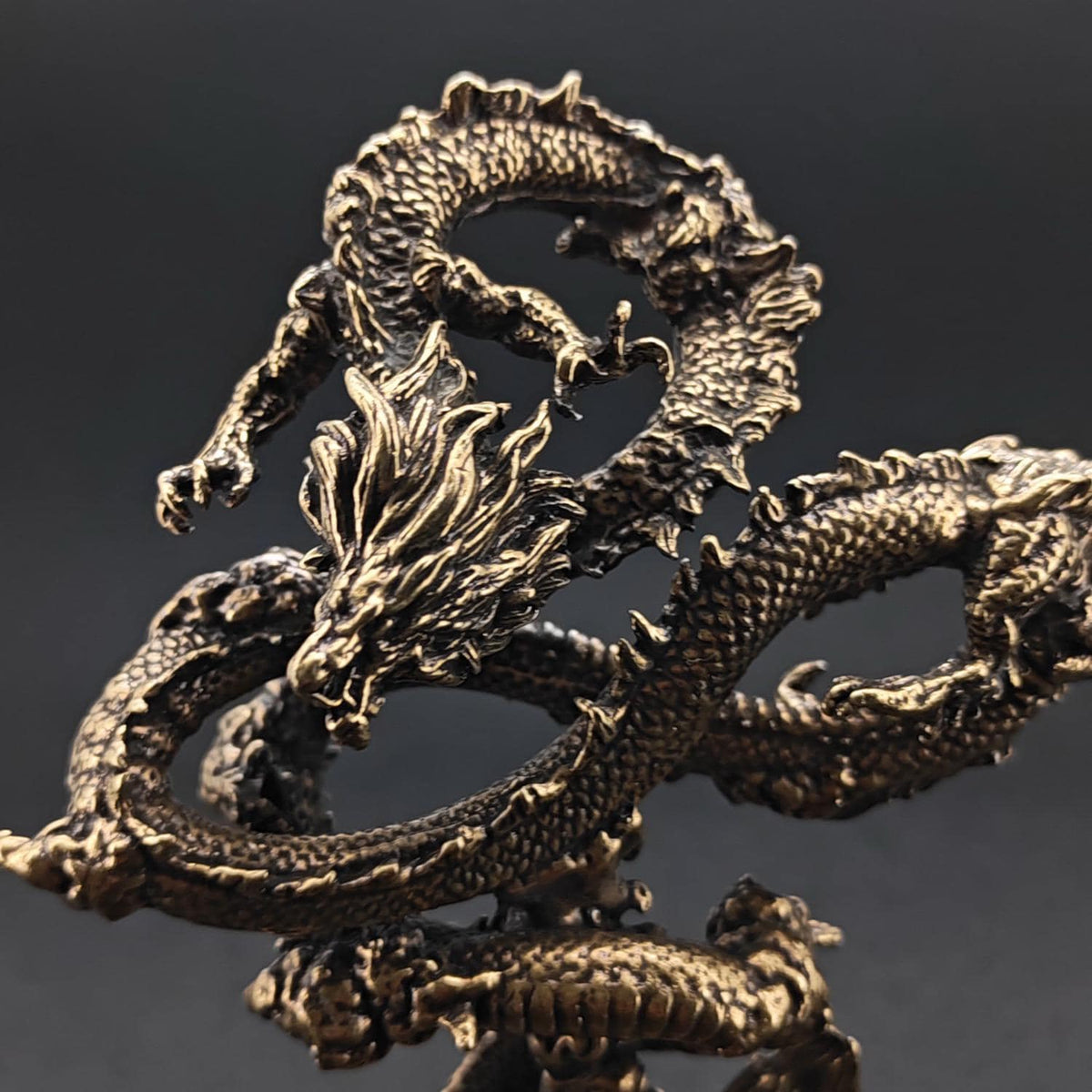Solid Brass Chinese Dragon Figurine — Coiled Feng Shui Sculpture for Desk, Shelf, and Collector Display