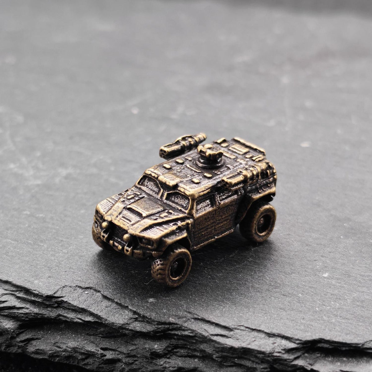 Brass Armored Vehicle Miniature — Military Wheeled MRAP Micro Model for Diorama and Desk Display