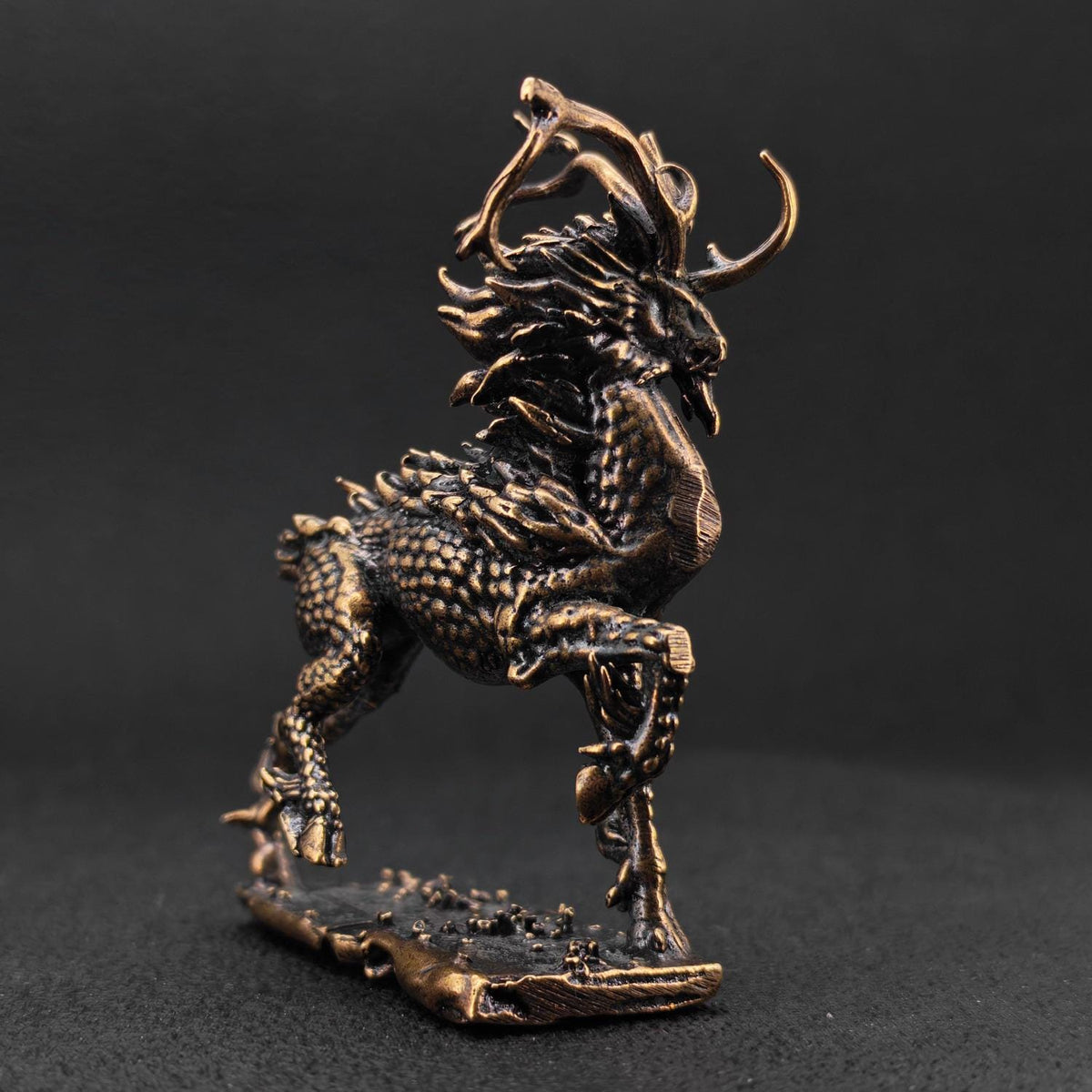 Brass Qilin Figurine — Antique Oxidised Mythical Beast Sculpture for Feng Shui, Desk, and Collector Display
