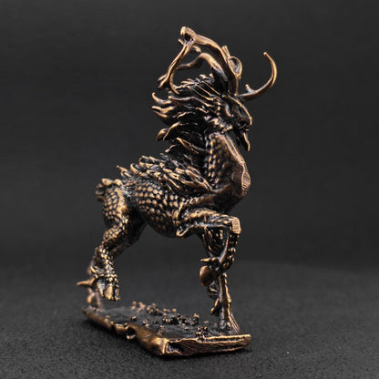 Brass Qilin Figurine — Antique Oxidised Mythical Beast Sculpture for Feng Shui, Desk, and Collector Display