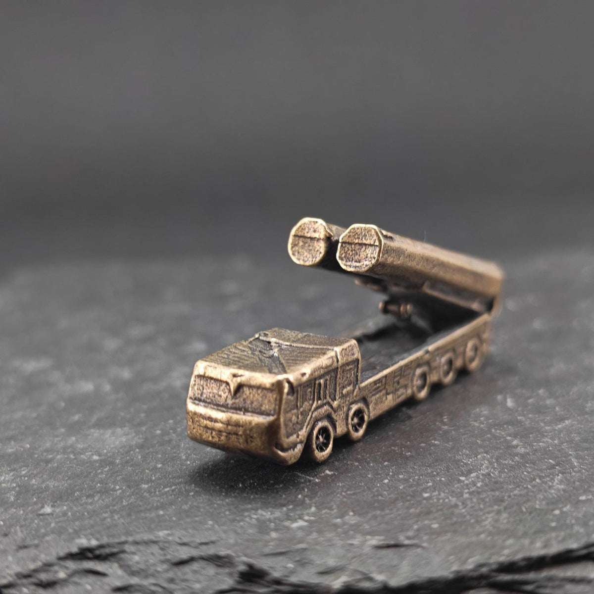 Brass Cruise Missile Launcher Miniature — Heavy Wheeled Military Vehicle Micro Model for Diorama